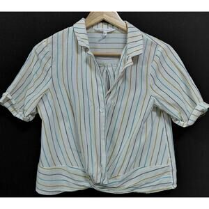 BCBGeneration Striped Button-Up Top Blue White Woven Short Sleeve Women Size M